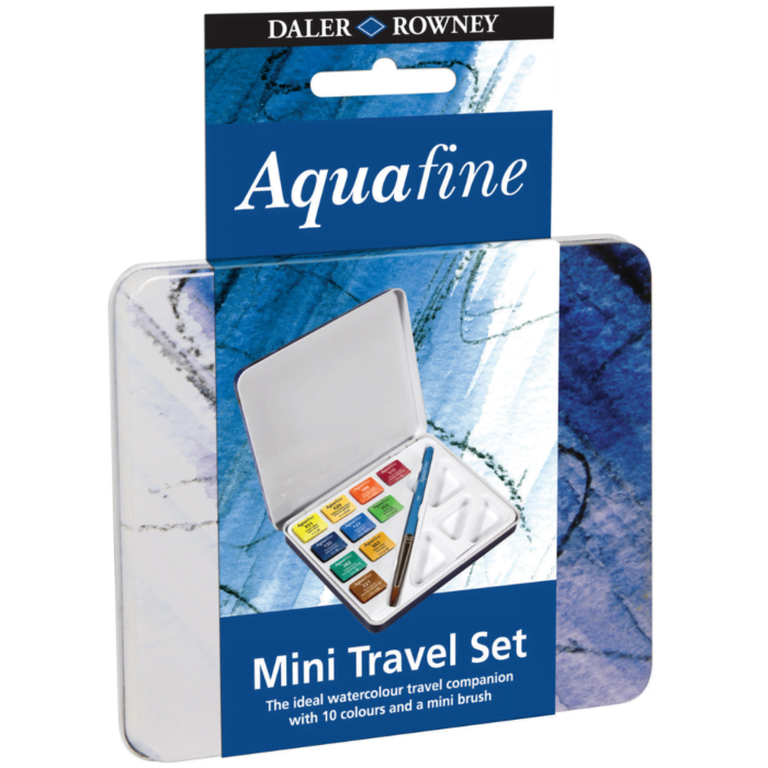 Daler Rowney Aquafine mini travel set. Tin of 10 watercolor half pans & brush - Image 1