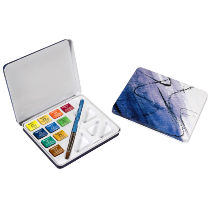 Daler Rowney Aquafine mini travel set. Tin of 10 watercolor half pans & brush - Image 2