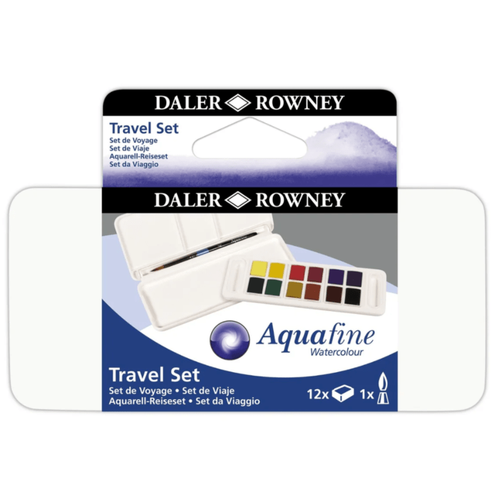 Daler Rowney Aquafine Watercolour Travel Set with 1 Brush(12 Half Pans) - Image 1