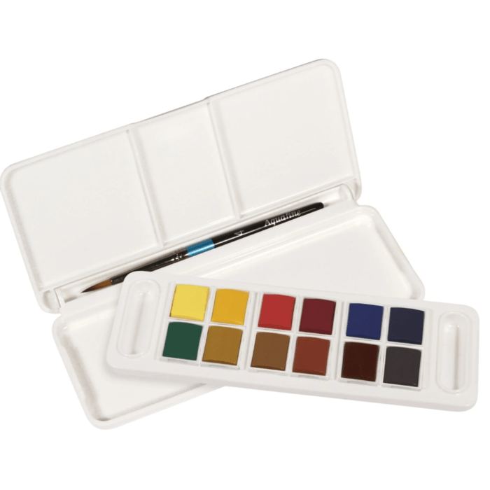 Daler Rowney Aquafine Watercolour Travel Set with 1 Brush(12 Half Pans) - Image 2
