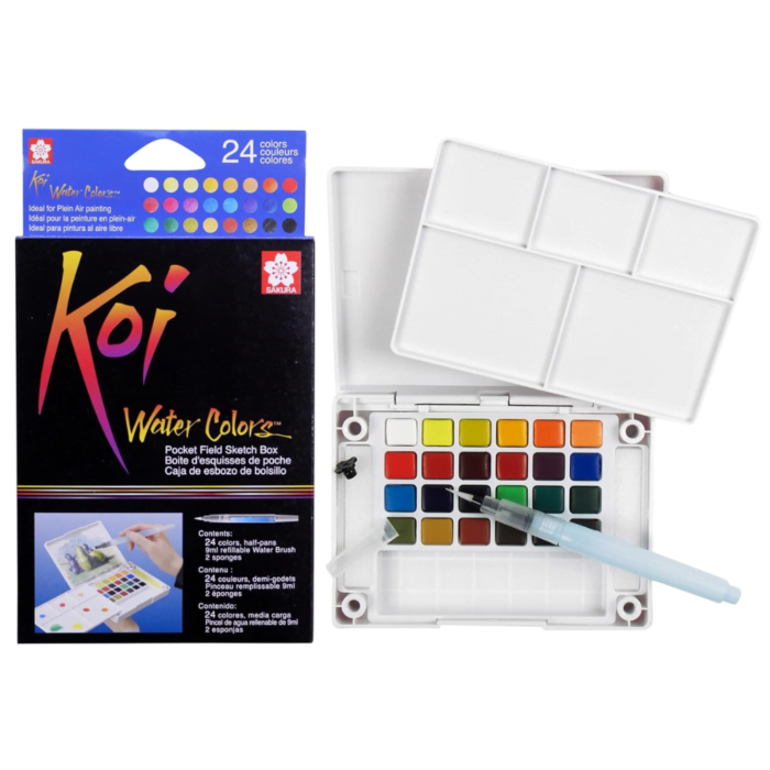 Sakura Koi Pocket Field Sketch Kit - Watercolor Sets for Painting On the Go - 24 Colors - 1 Water Brush - 1 Sponge - 1 Mixing Palette - Image 1