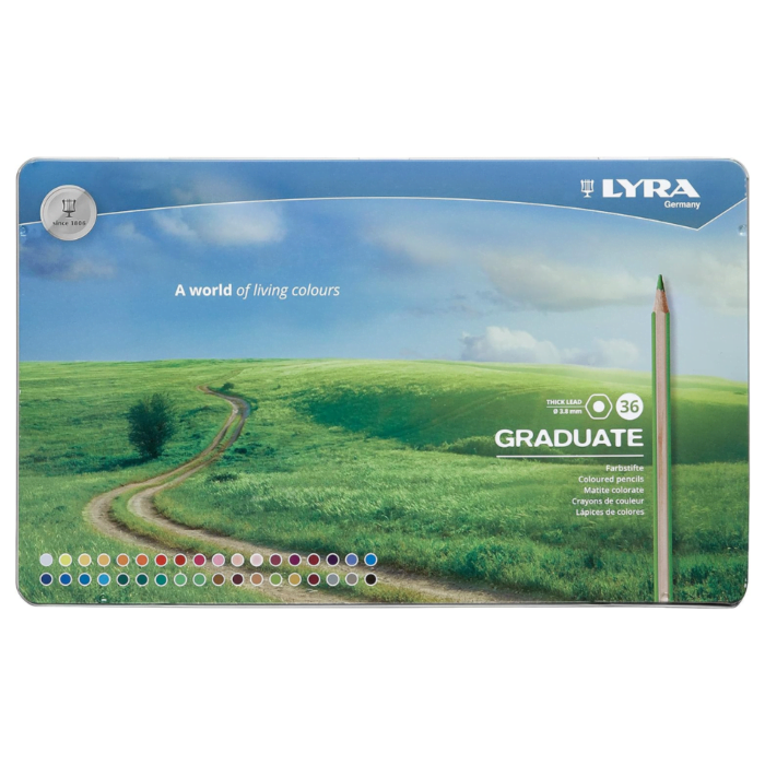 1 (33) Lyra Graduate Colouring Pencils, 3.8mm Thick Lead, 36 Assorted Colours, Technical & Artistic Drawing, Tin Box, Ideal for Student Artists & Schools - Image 1