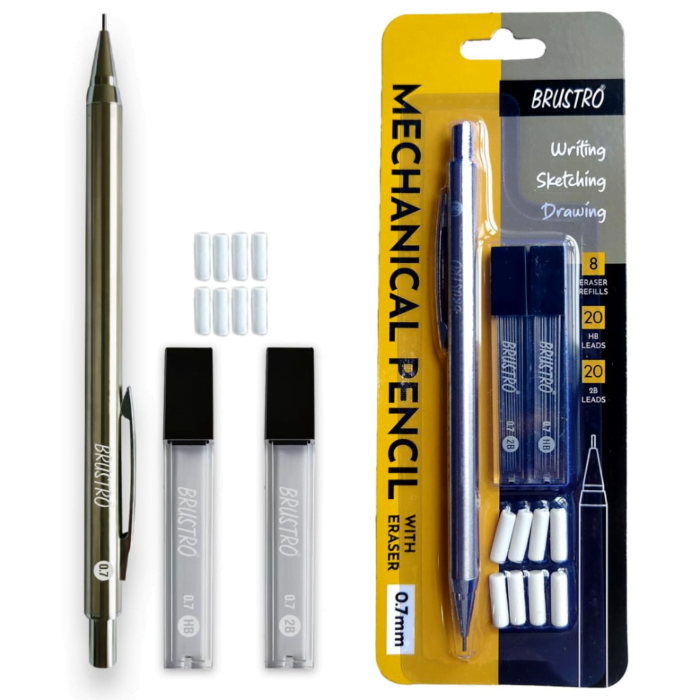 1 (56) BRUSTRO Mechanical Pencil with Eraser 0.7mm Writing/Sketching/Drawing Spare leads HB-20 units. 2B-20 units Spare eraser- 8 units - Image 1