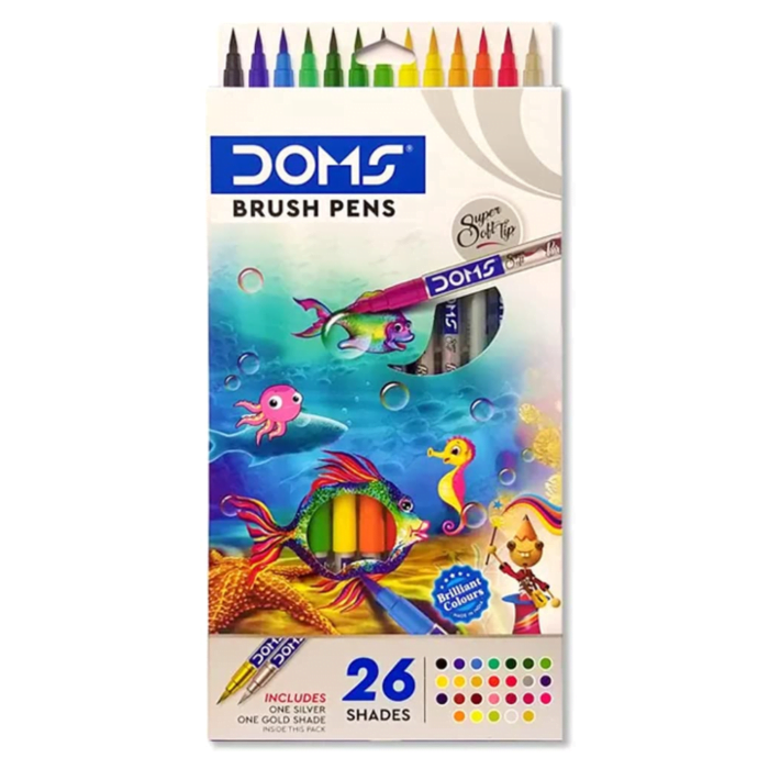 DOMS Non-Toxic Multicolor 26 Shades Brush Pens Set | Super Soft Fine Tip Brush Pens | Diverse 26 Shades | Water Based Ink | Includes Gold & Silver Shades | Pack of 1 - Image 1