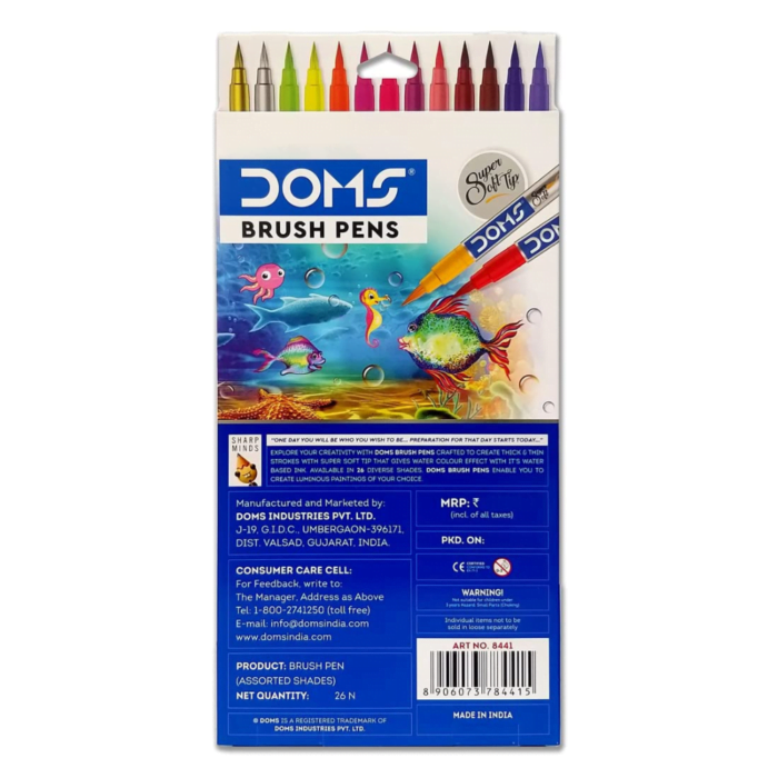 DOMS Non-Toxic Multicolor 26 Shades Brush Pens Set | Super Soft Fine Tip Brush Pens | Diverse 26 Shades | Water Based Ink | Includes Gold & Silver Shades | Pack of 1 - Image 2