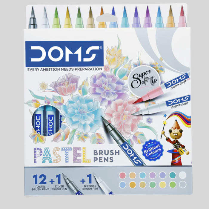 Doms Super Soft Tip Pastel Shades Brush Pen Set | 12 Pastel Shades + 1 Silver Shade + 1 Blender | Ideal for Doodling, Illustrations, Calligraphy, Artists, Studenst & Professioanls | Pack Of 1 - Image 1