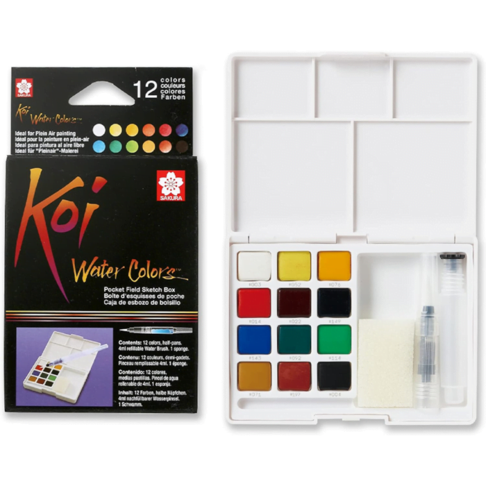 SAKURA Koi Pocket Field Sketch Kit - Watercolor Sets for Painting On the Go - 12 Colors - 1 Water Brush - 1 Sponge - 1 Palette900 - Image 1