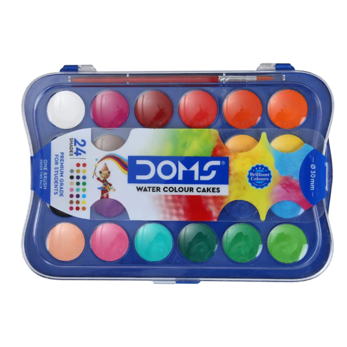 1 (8) Doms 24 Shades 30mm Water Colour Cakes | Easy To Use Palette Lid | Organic Rich Colour Pigments | Free Brush Inside | Non-Toxic & Safe For Kids | Pack of 1 - Image 1