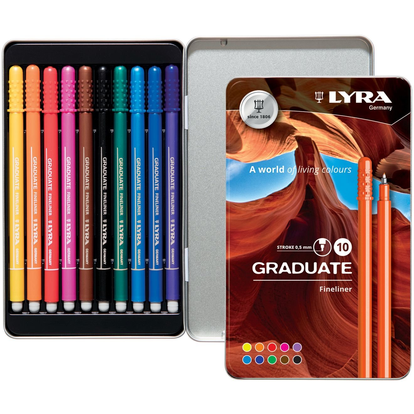 LY6771100_01__49143 Lyra Graduate Fineliner Markers, Assorted, Metal Box of 10 - Image 1