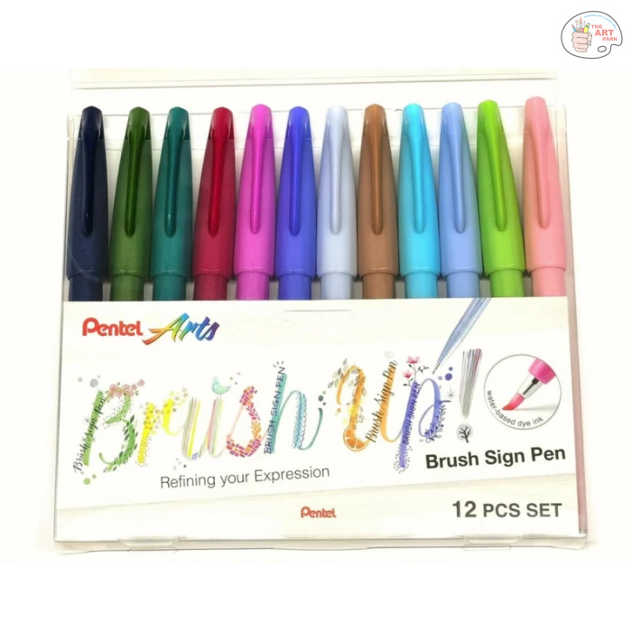 12 PENTEL SIGN PEN FUDE BRUSH TIP SET OF 12 COOL COLOUR - Image 1
