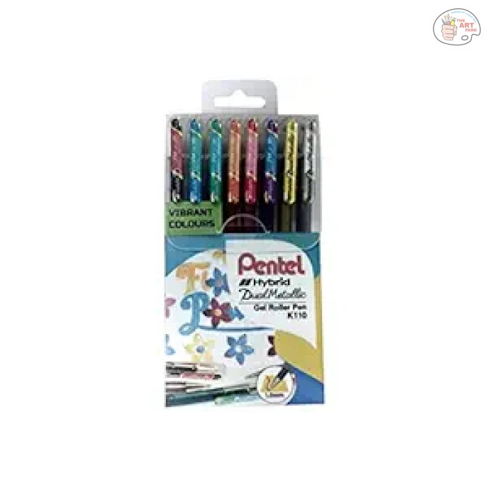 PENTEL HYBRID DUAL METALLIC GEL ROLLER PENS 1.0 MM SET OF 8 VIBRANT COLOURS - Image 2