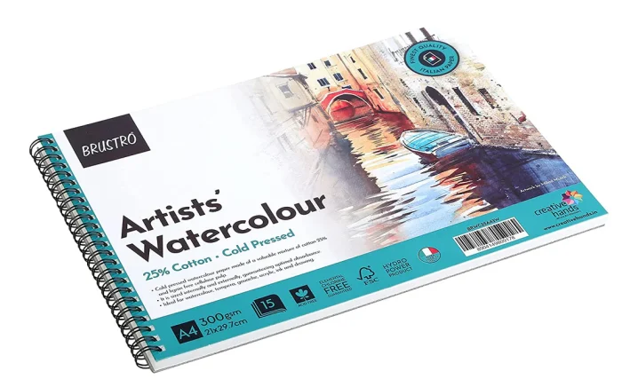 BRUSTRO Artist Watercolour Pad 25% Cotton 300 GSM A4 Wiro - 15 Sheets - Image 2