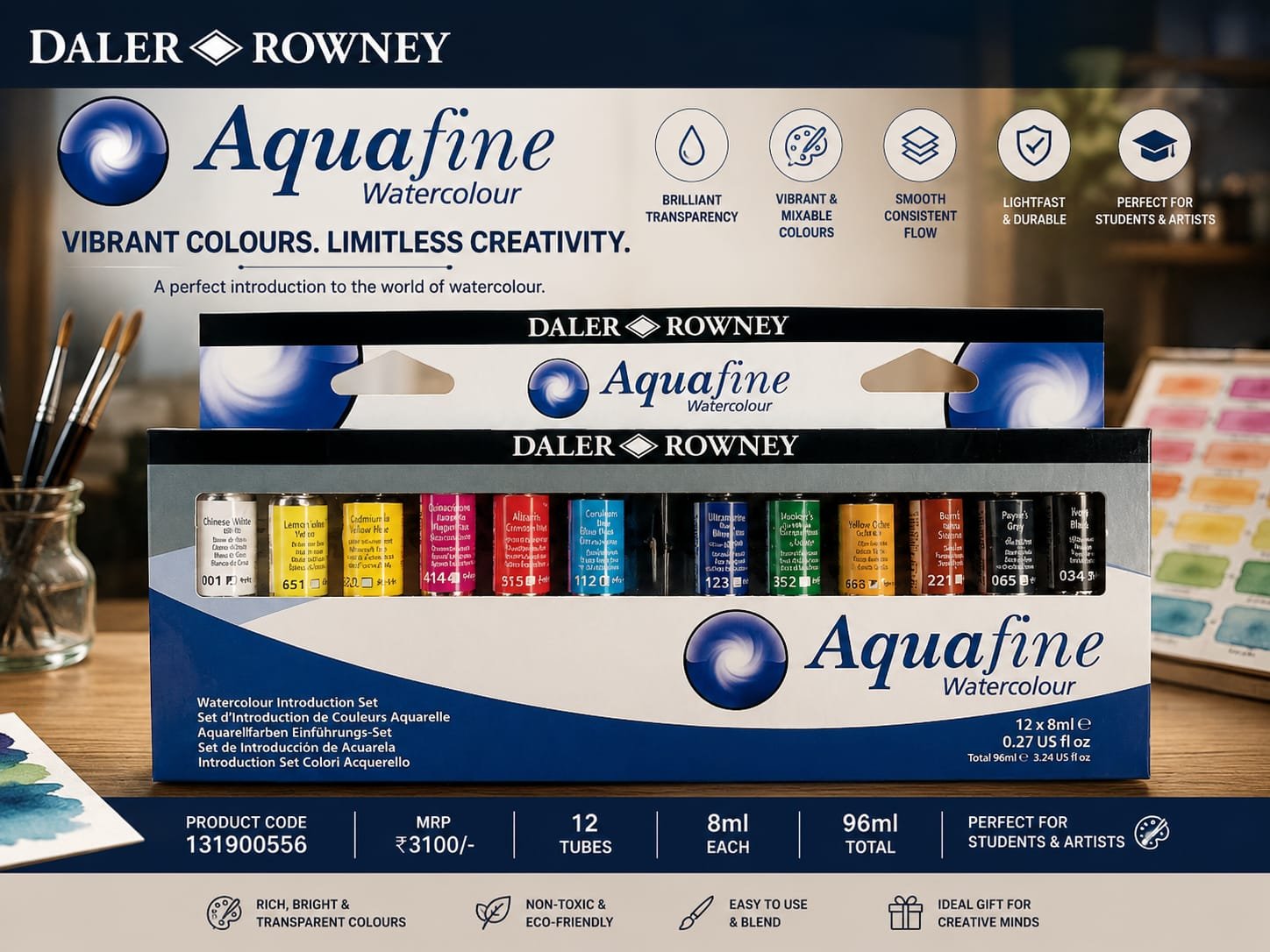 AQUVFINE Daler-Rowney Aquafine Gouache Opaque Watercolour Set (12 x 15ml Tubes) - Image 1