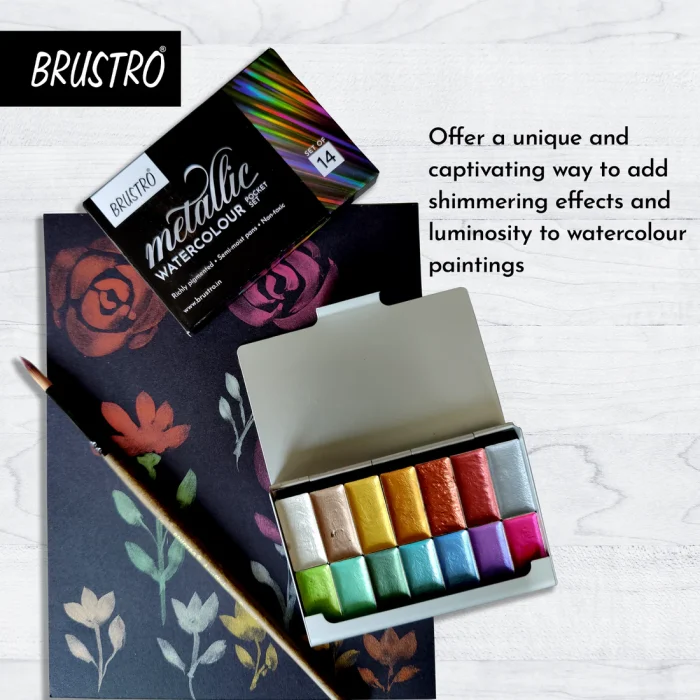 BRUSTRO Artist Metallic Watercolour Half Pans Set of 14 - Image 7