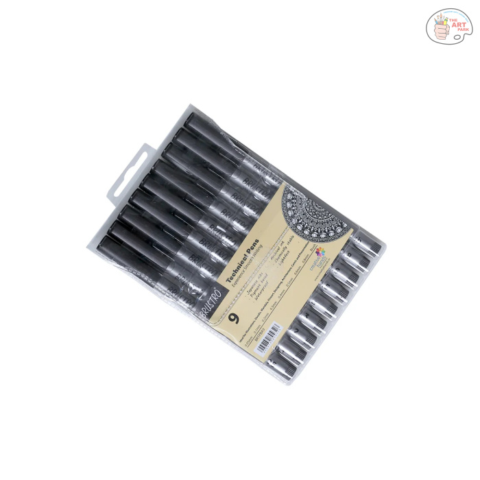 BRTPBA9 BRUSTRO Technical Pen (Set of 9) (Includes: 1 each of 0.05mm; 0.1mm; 0.2mm; 0.3mm; 0.4mm; 0.5mm; 0.6mm; 0.8mm & Brush.) - Image 1