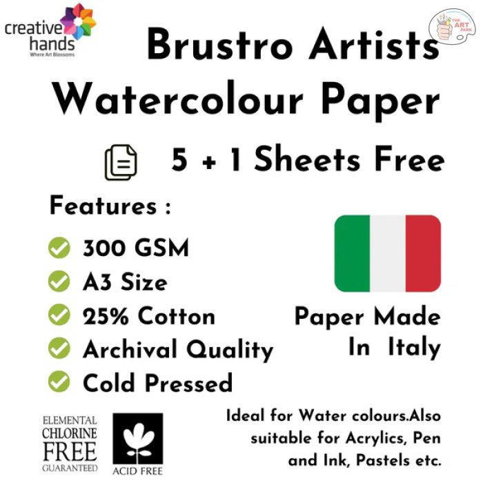 Brustro Artists Watercolour Paper, 300 GSM, A3-25% Cotton, Cold Pressed, 5+1 Sheet - Image 2