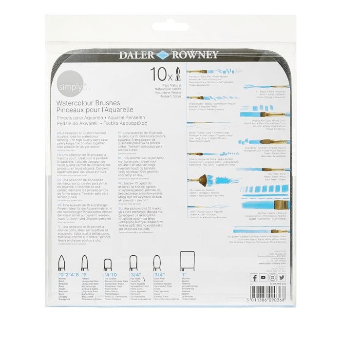 Daler Rowney Simply Watercolour Natural Hair Brush Zip Case (10Pc) - Image 3