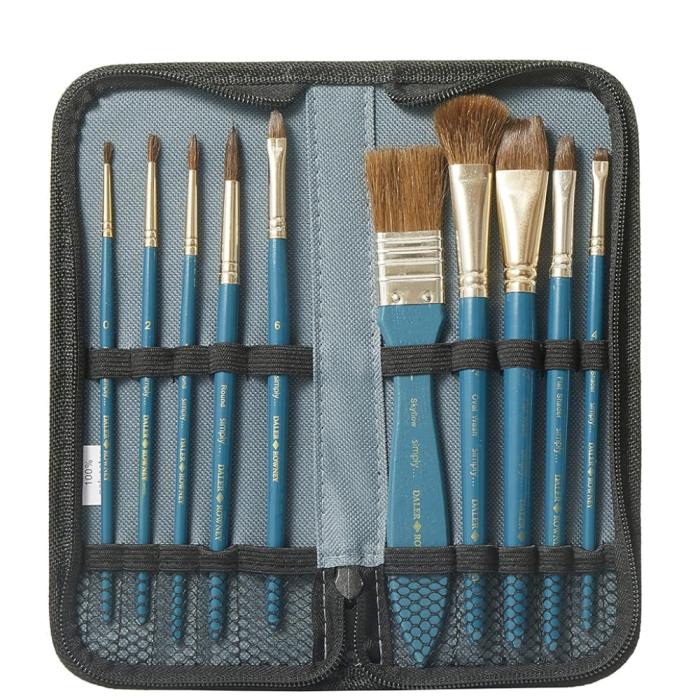 Daler Rowney Simply Watercolour Natural Hair Brush Zip Case (10Pc) - Image 2