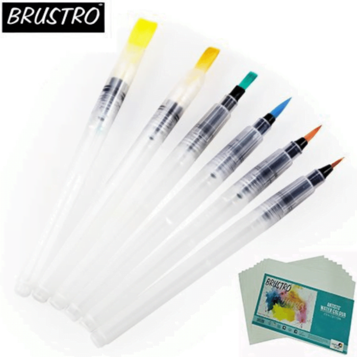 Untitled design (10) Brustro Aqua Squeeze Leak Proof Watercolor Brush Pen Assorted Set of 6 (3 of Each Flat & Round ) - Image 1