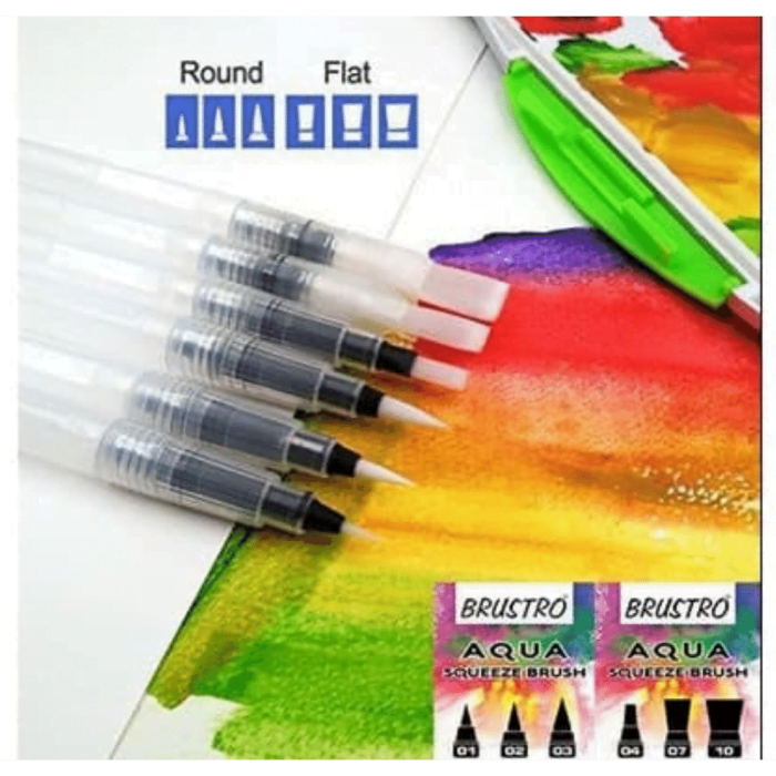 Brustro Aqua Squeeze Leak Proof Watercolor Brush Pen Assorted Set of 6 (3 of Each Flat & Round ) - Image 4