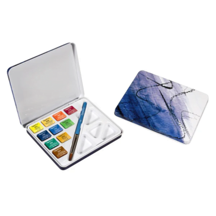 Daler-Rowney Aquafine Watercolour cakes Mini Travel Tin with 1 Brush & 1 Palette(10 Half Pans) - Image 2