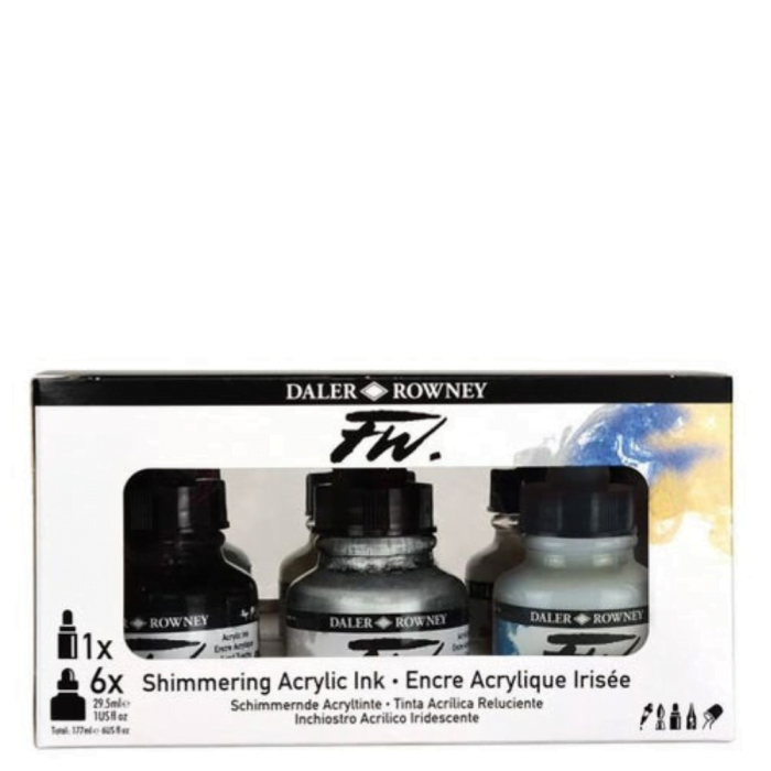 Untitled design (2) Daler-Rowney FW Shimmering Acrylic Ink Set 6 x 29.5ml - Image 1