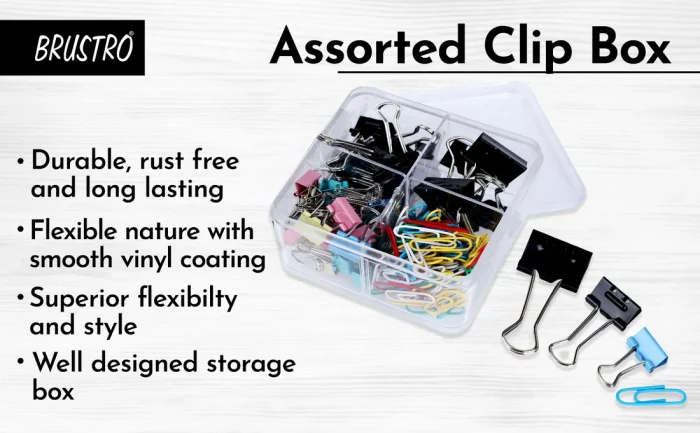 Brustro Clip Box Set of 56 Binder Clips and 120 Paper Clips, Stationery Binding Supplies for Loose Papers, Files, DIY, Office and School Use - Image 2