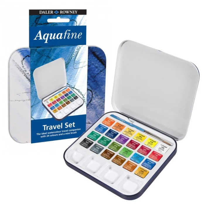 Daler-Rowney Aquafine Watercolour Travel Tin with 1 Brush & 1 Palette (24 Half Pans) - Image 3