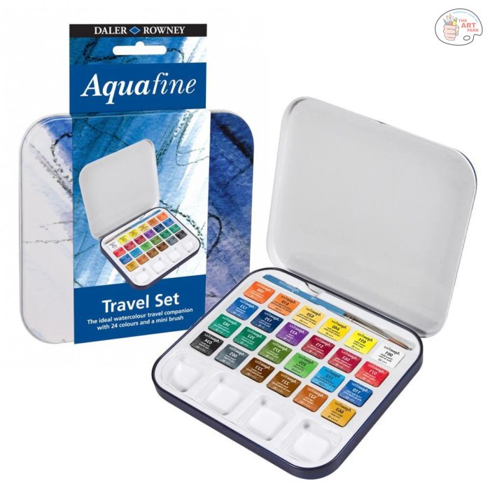 Daler-Rowney Aquafine Watercolour Travel Tin with 1 Brush & 1 Palette (24 Half Pans) - Image 3