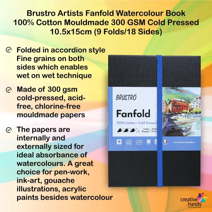 Brustro Artists Fanfold Watercolour Book 100% Cotton Mouldmade 300 GSM Cold Pressed 10.5x15cm.(9 Folds/18 Sides) - Image 2