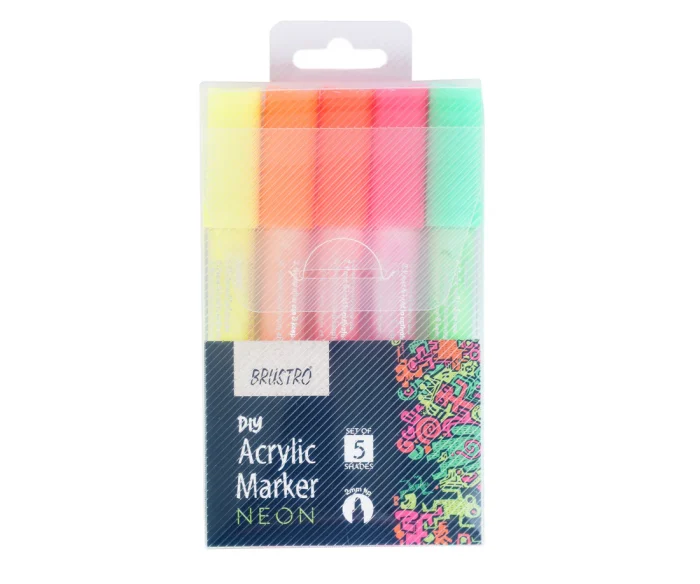 BRAM05NE_955c6b42-6585-4e6c-9d0c-36005004647e Brustro Acrylic (DIY) Marker Set of 5 NEON (Fluorescent Shades) for Craftworks, School Projects, and Other Presentations - Image 1