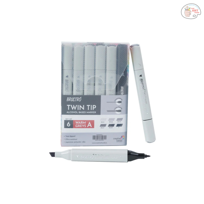 BRUSTRO Twin Tip Alcohol Based Marker Sets 6 (Warm Grey A) in Crossline PP See Through Box - Image 2