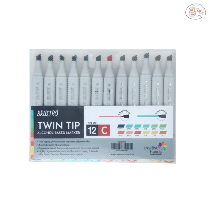 BRMR12C.2 BRUSTRO Twin Tip Alcohol Based Marker Set Of 12 - Basic C in Crossline PP See Through Box - Image 1