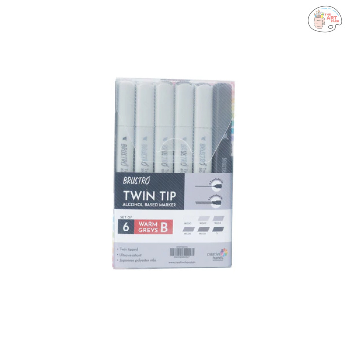 BRMR6BWG_01881293-51f1-40f9-ab3c-2bc8e42aa61d BRUSTRO Twin Tip Alcohol Based Marker Set of 6 - Warm Greys Set B in Crossline PP See Through Box - Image 1