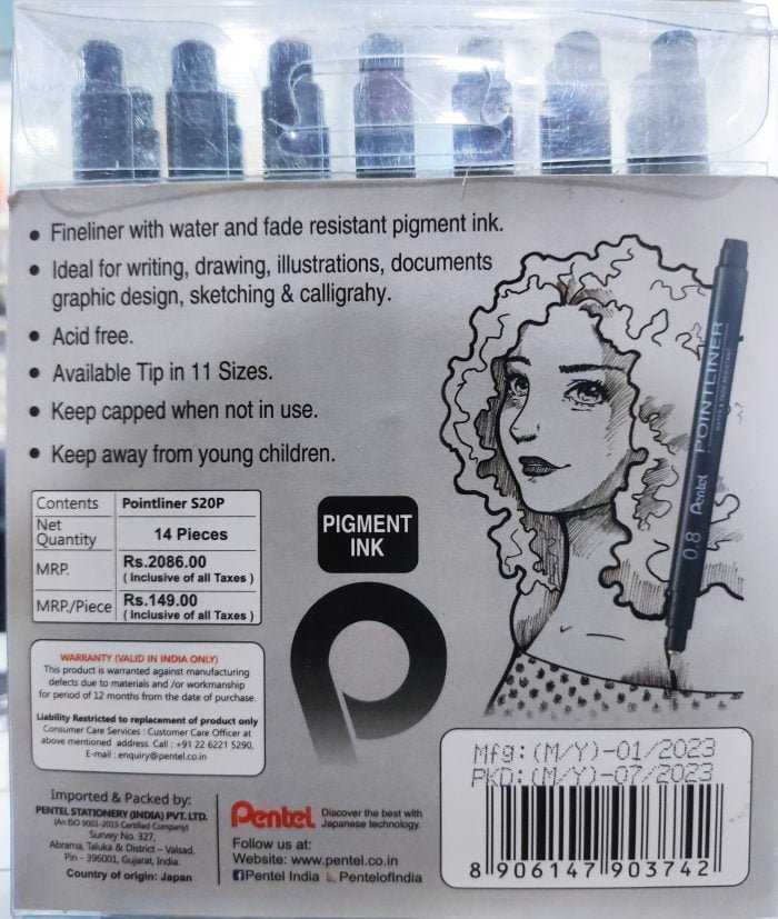 PENTEL PIGMENT LINER Pentel S20P Pointliner Pigment Liner Tecnical Drawing Fineliner Pen-Black, Sepia, Sanguine & Grey Ink - Pack of 14 - Image 3