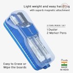 DOMS Fine Magnetic Whiteboard Duster Marker Set | Easy to Wipe | Refillable White Board Marker with Good Grip | Set of 2 Markers & 1 Duster | Blue & Black Ink, Pack of 1 - Image 2