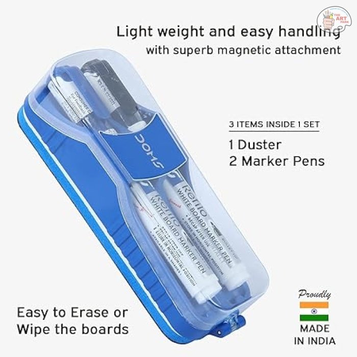 DOMS Fine Magnetic Whiteboard Duster Marker Set | Easy to Wipe | Refillable White Board Marker with Good Grip | Set of 2 Markers & 1 Duster | Blue & Black Ink, Pack of 1 - Image 2