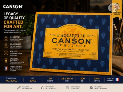Canson Heritage, 100%Cotton, 300 GSM, Cold Pressed, 23 x 31cm, (9.1X12.2 IN) 100720002 Paper Block White 20 Sheets