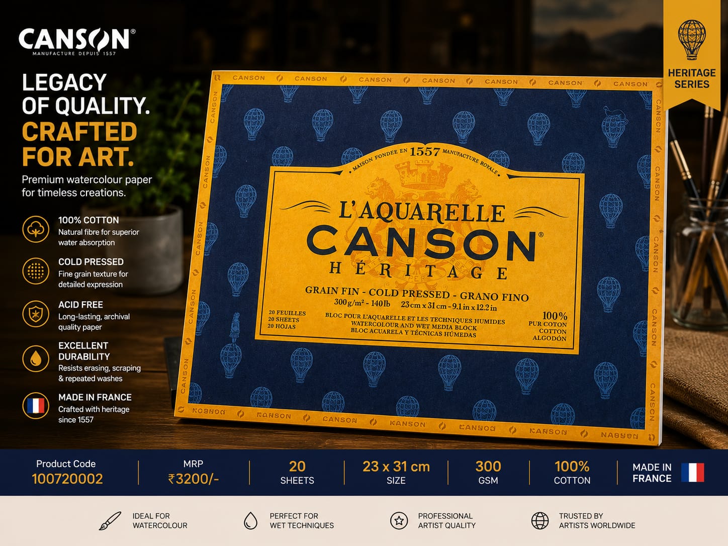 100720002 Canson Heritage, 100%Cotton, 300 GSM, Cold Pressed, 23 x 31cm, (9.1X12.2 IN) 100720002 Paper Block White 20 Sheets - Image 1