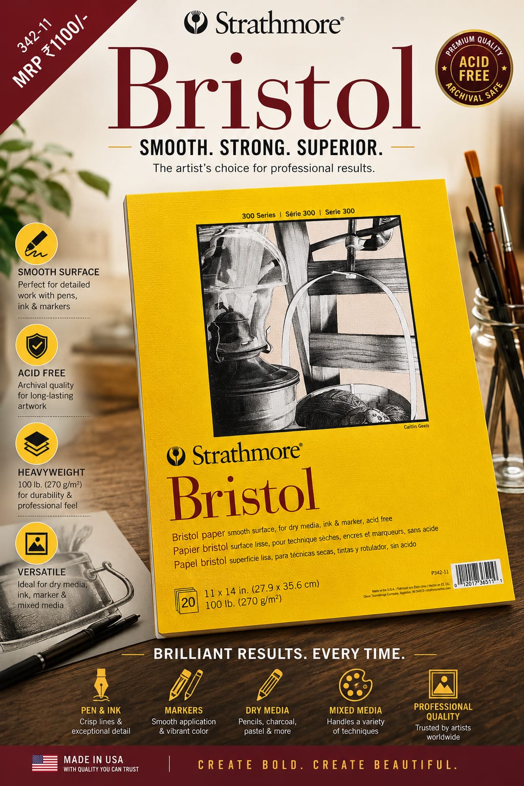 11X14 BRISTAL Strathmore 300 Series Bristol Paper Pad, Smooth, Tape Bound, 11X14 Inches, 20 Sheets (100Lb/270G) - Artist Paper For Adults And Students - Markers, PEN 342-11 - Image 1