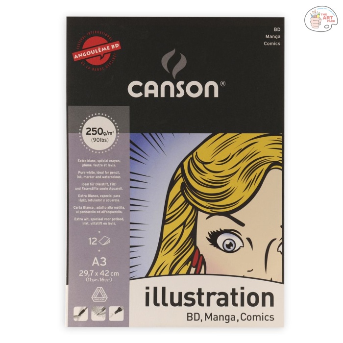 Canson Illustration 250 g Pad glued on short side A3 29.7 x 42 cm Canson Illustration Pad - Smooth 250 GSM - 29.7 x 42 cm or 11.7 x 16.5'' - Pad of 12 Sheets - Image 1