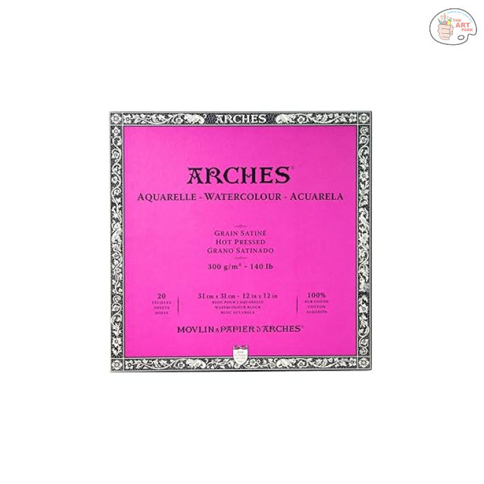 Arches Watercolour Aquarelle 4 Side Glued Pad | Natural White Satin Grain/Hot Press | 300 GSM, 31 x 31 cm- 20 Sheets - Image 1