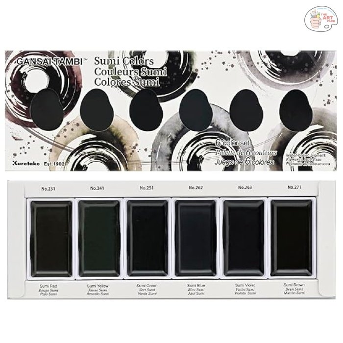 KURETAKE GANSAI TAMBI WATERCOLOURS SUMI COLOURS SET OF 6 MADE IN JAPAN - Image 3