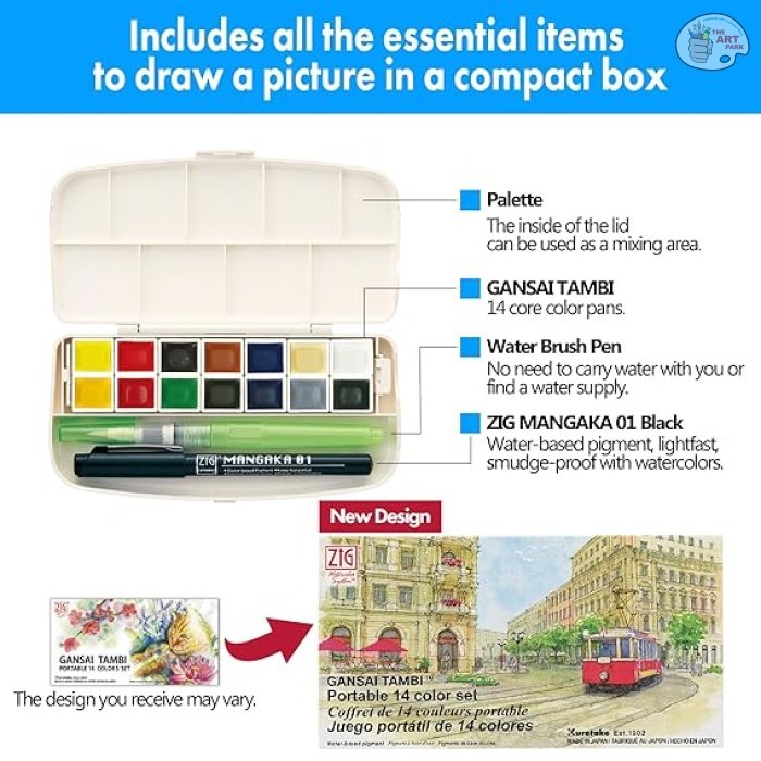 kuretake gansai TAMBI PORTABLE watercolor PALETTE SET OF 14 COLOUR - Image 11