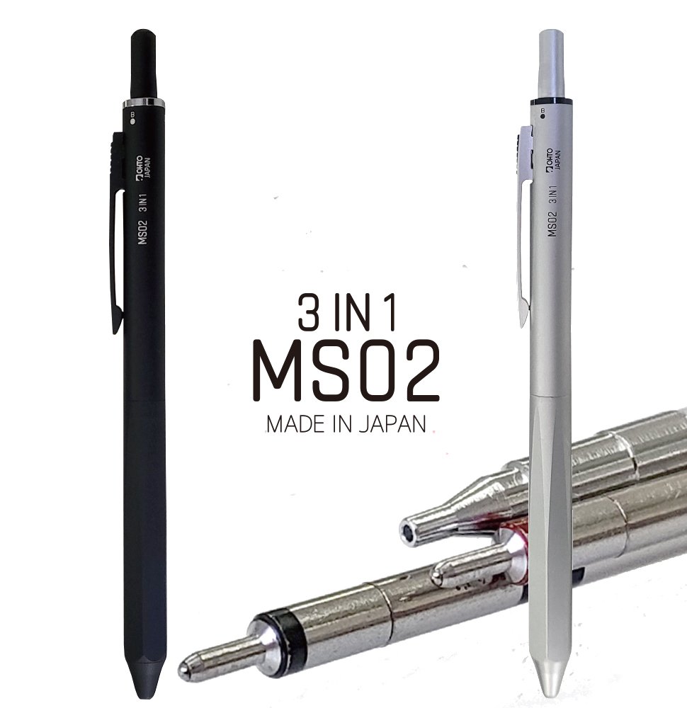 MS02-_2top111 OHTO Silver MS02 Multi-Functional 3 in 1 Pen – Black & Red Ballpoint Ink & 0.5mm Mechanical Pencil, Durable Elegant BRASS Metal Body, Sleek Writing for Professionals, Students & Gift Use. Made in Japan - Image 1