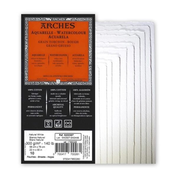 arches-watercolour-rough-grain-sheets-300gsm-600x600 Arches Watercolour Rough Grain 4 DECKLE EDGES 10 LOOSE Sheets 300gsm 22X30IN 56CMX76CM 1795026 - Image 1