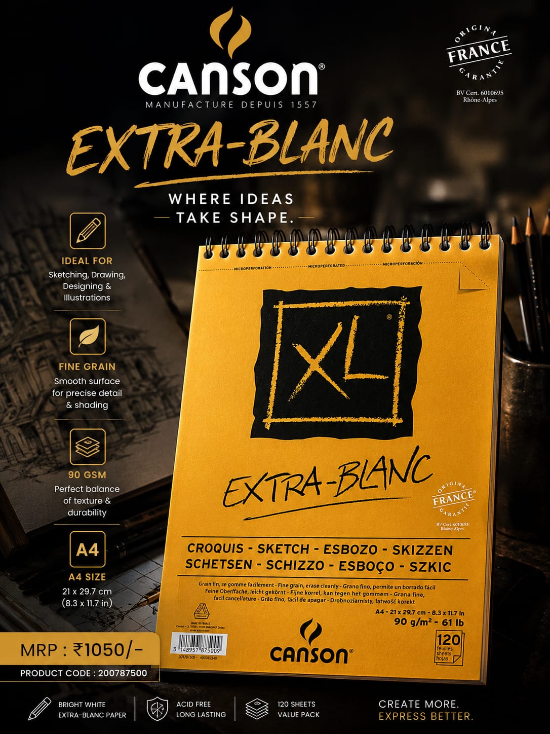 200787500 CANSON XL ALBUMS SPIRAL EXTRA WHITE 120 SHEETS 90 GSM A4 (200787500) - Image 1