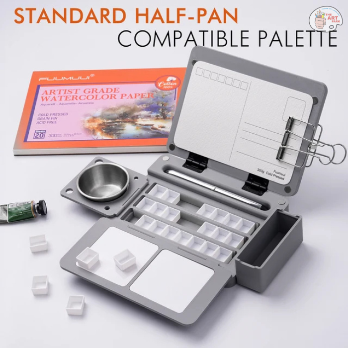 Fuumuui Portable Empty Watercolor Palette Set with 24 Half-Pans, Dual Buckets, Travel Brush, Carrying Bag & Paper Clip – Ideal for Outdoor and Studio Painting - Image 7
