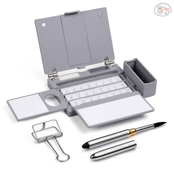 Fuumuui Portable Empty Watercolor Palette Set with 24 Half-Pans, Dual Buckets, Travel Brush, Carrying Bag & Paper Clip – Ideal for Outdoor and Studio Painting - Image 12