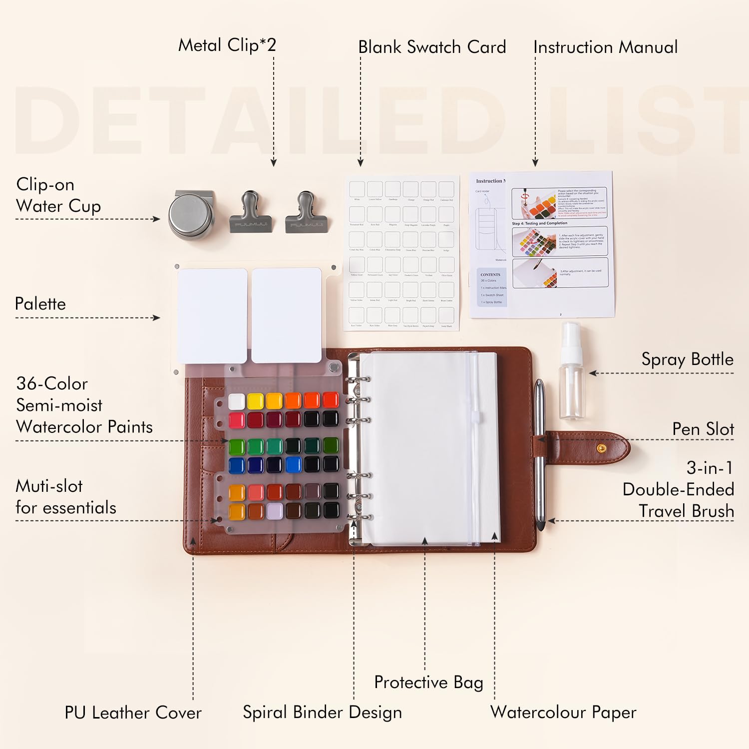 71ArGMtRSRL._SL1500_ Fuumuui Watercolor Travel Set – 36-Color Travel Paint Kit with PU Leather Cover, 300gsm Cotton Paper, Double-Ended Travel Brush with Carbon Lead, Refillable Ring-Bound Design for Artists - Image 1